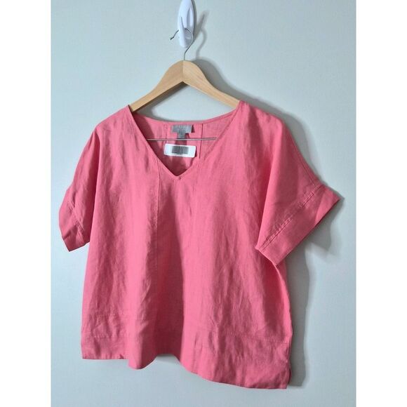 PURE Collection 100% Linen Shirt Short Sleeve Crop Top Size Medium Pink - Picture 6 of 7